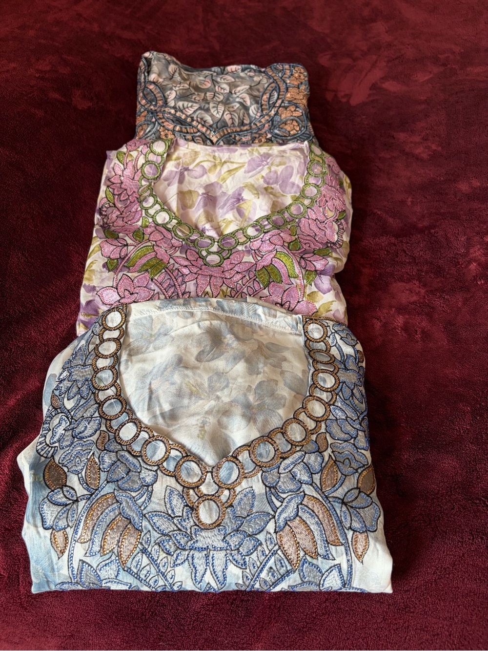 Embroidered Floral Women’s Dress - Light Blue, Pink, Beige مخاور قطن